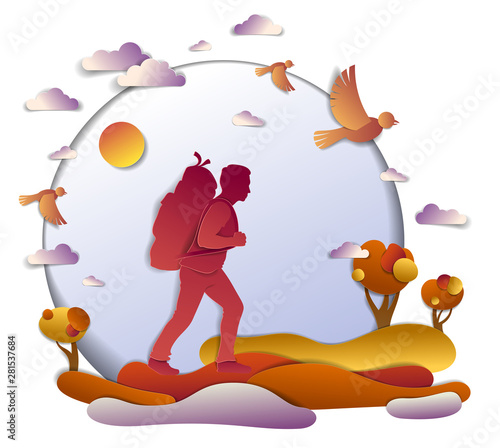 Young active man hiking in autumn to nature with grasslands and trees, vector illustration of beautiful autumnal scenic landscape, birds in the sky, vacation.