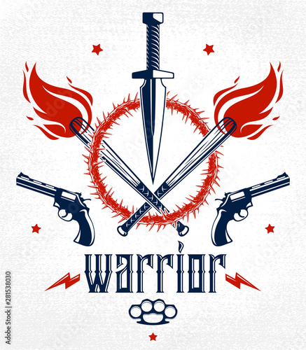 Dagger knife and other weapons  vector emblem of Revolution and War, tattoo with lots of design elements, anarchy and chaos concept, criminal and gangster style, social tension theme.