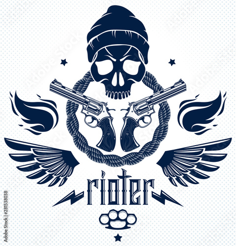 Revolution and Riot wicked emblem or logo with aggressive skull, weapons and different design elements , vector tattoo, anarchy and chaos, rebel partisan and revolutionary.