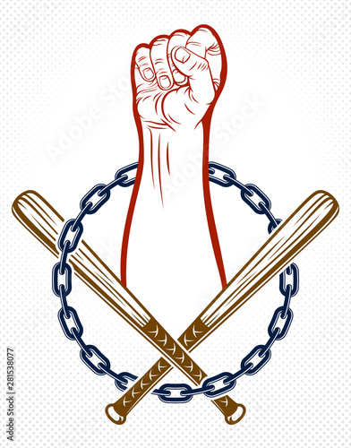 Anarchy and Chaos aggressive emblem or logo with strong clenched fist, vector vintage style tattoo, rebel rioter partisan and revolutionary.