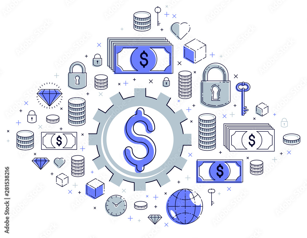 Economy system and business concept, gear mechanism with dollar signs and icon set, allegory design of systematic business and financial activity, vector illustration. Economy system and business concept, gear mechanism with dollar signs and icon set, allegory design of systematic business and financial activity, vector illustration.