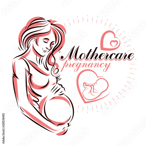 Pregnant woman elegant body silhouette, sketchy vector illustration. Gynecology and pregnancy medical care clinic promotion leaflet