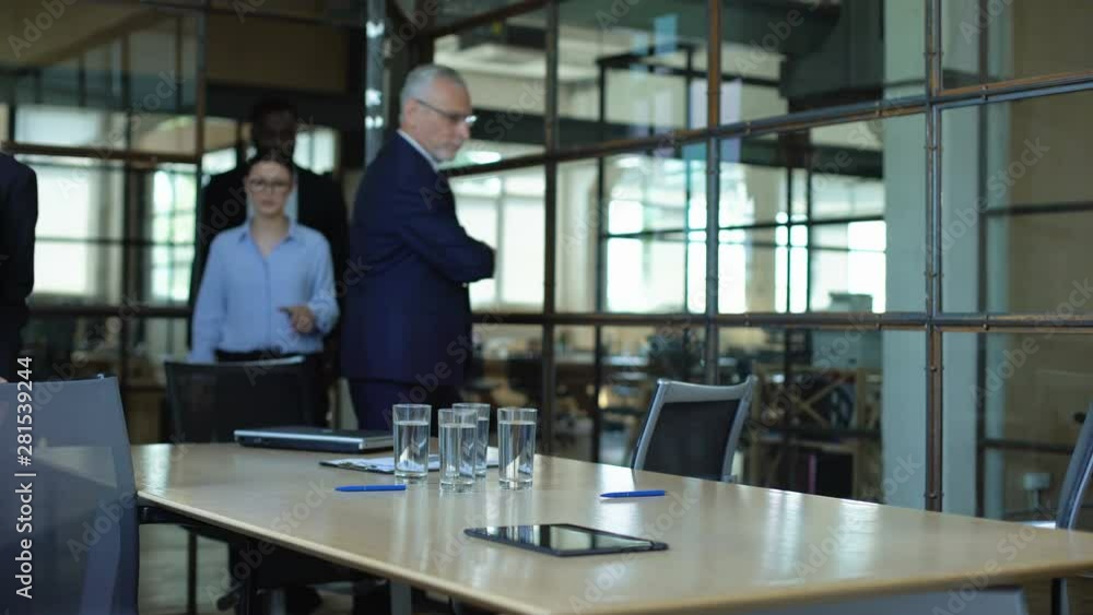 Office workers starting team briefing discussing company income, top managers Office workers starting team briefing discussing company income, top managers