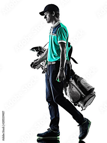 one young caucasian Man Golf golfer golfingshadow silhouette isolated on white background