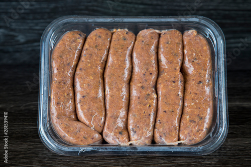 Flexitarian sausages made with meat and plant based ingredients. Future food. Reducing meat intake reduces greenhouse gases. Eating more plant based food is a new fad in diets to improve planet health