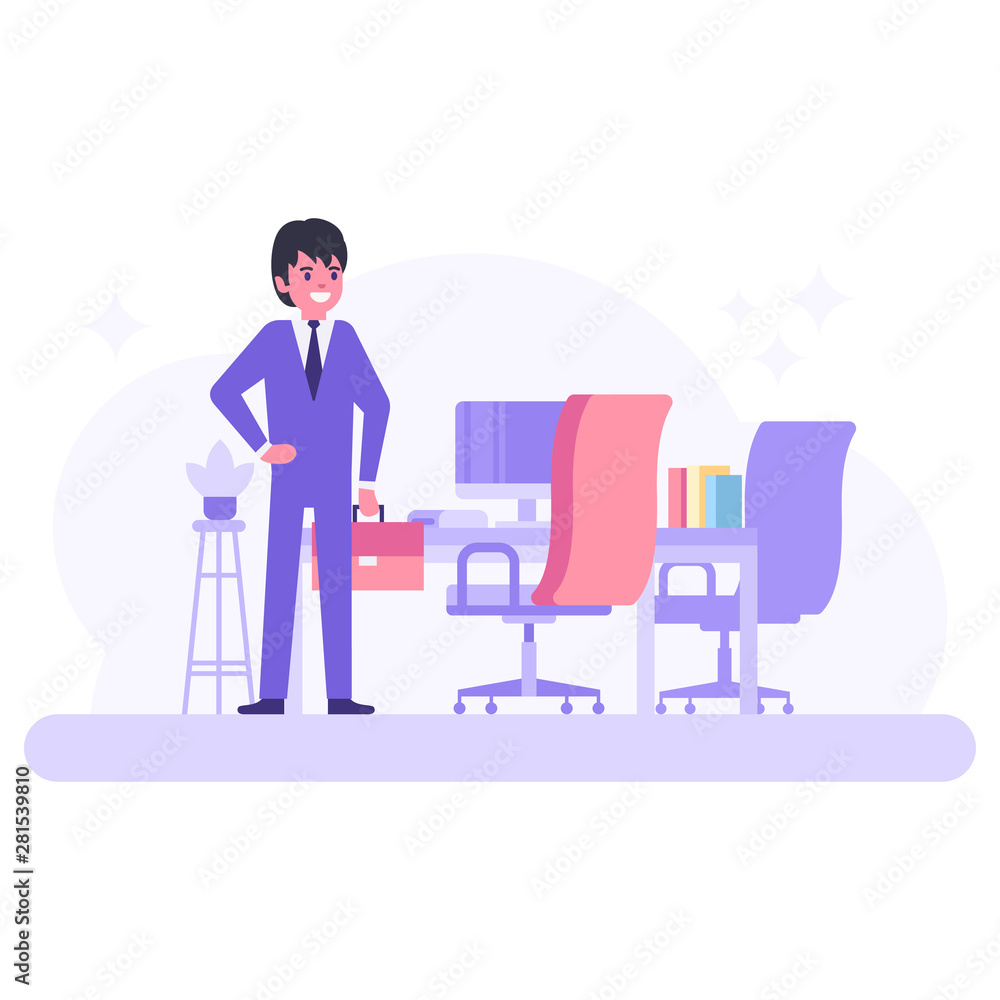 Modern workplace concept. Table, chair and computer. Corporate character worker. Modern workplace concept. Table, chair and computer. Corporate character worker.