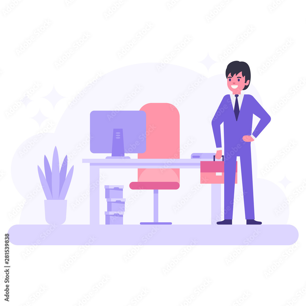 Modern workplace concept. Table, chair and computer. Corporate character worker. Modern workplace concept. Table, chair and computer. Corporate character worker.
