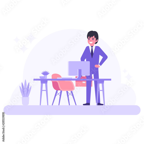 Modern workplace concept. Table  chair and computer. Corporate character worker.