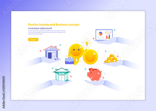 Passive income and Business concept, Cartoon Coins Money Character surrounded by Hands holds Piggy bank, Bank, Gold, Property, Stock, Management and Planning for Growing Financial Wealth Investment