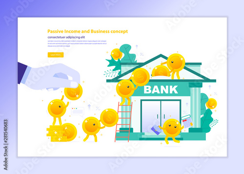 Passive income and Business concept, Cartoon Coins Money Character Team putting Coin in bank to profit interest, saving or accumulating deposit dividend for Capital Growing Financial Wealth Investment