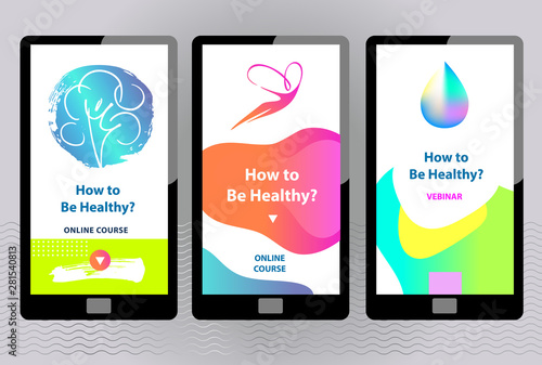 Sport logo for online marathon education course app concept. Three touching screen smartphone for Template App Development Landing Front page mobile website