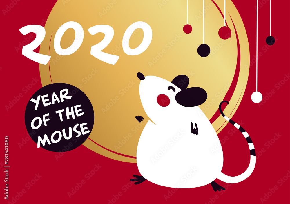 Template image for Happy new year party with rat, mice on red background. Lunar horoscope sign mouse. Chinese Happy new year 2020. Funny sketch mouse with long tail. Vector illustration Template image for Happy new year party with rat, mice on red background. Lunar horoscope sign mouse. Chinese Happy new year 2020. Funny sketch mouse with long tail. Vector illustration
