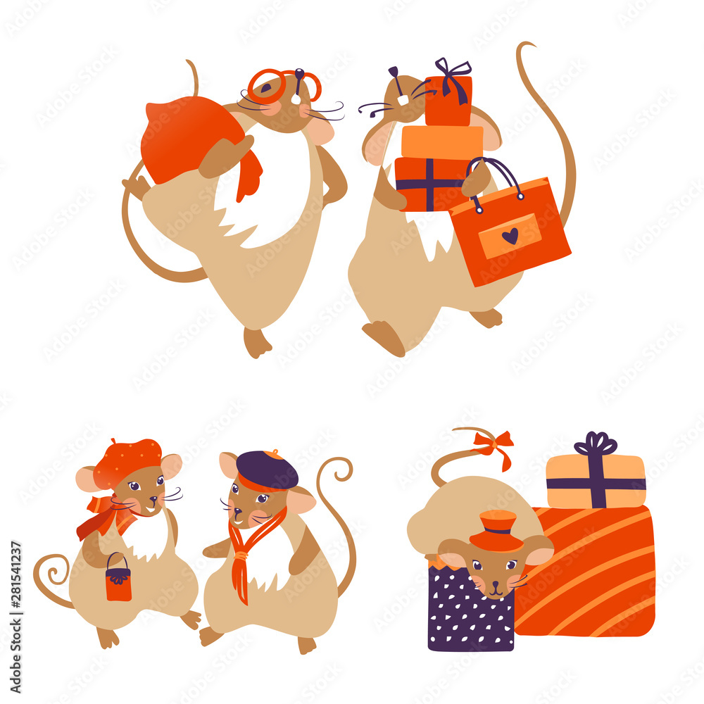 Fototapeta premium 2020 Mouse Happy New Year template badge, insignia. Mouse, Rat horoscope sign. Chinese year of Rat 2020. Vector illustration
