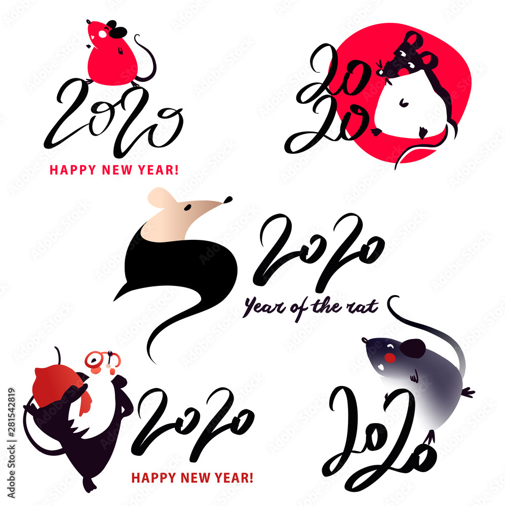 Set silhouette isolate mouse for Happy new year party 2020. Lunar horoscope  sign Rat. Funny mouse with long tail. Chinese Happy new year. Smile Mice  with 2020 Stock Vector | Adobe Stock