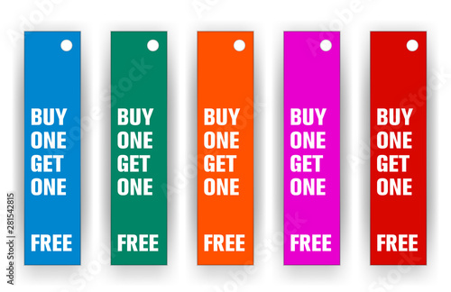 Pack of 5 thin product tags for advertising buy one get one free with 5 different background colours vector