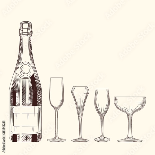 Hand drawn champagne bottle and glass. Engraving style on white background.