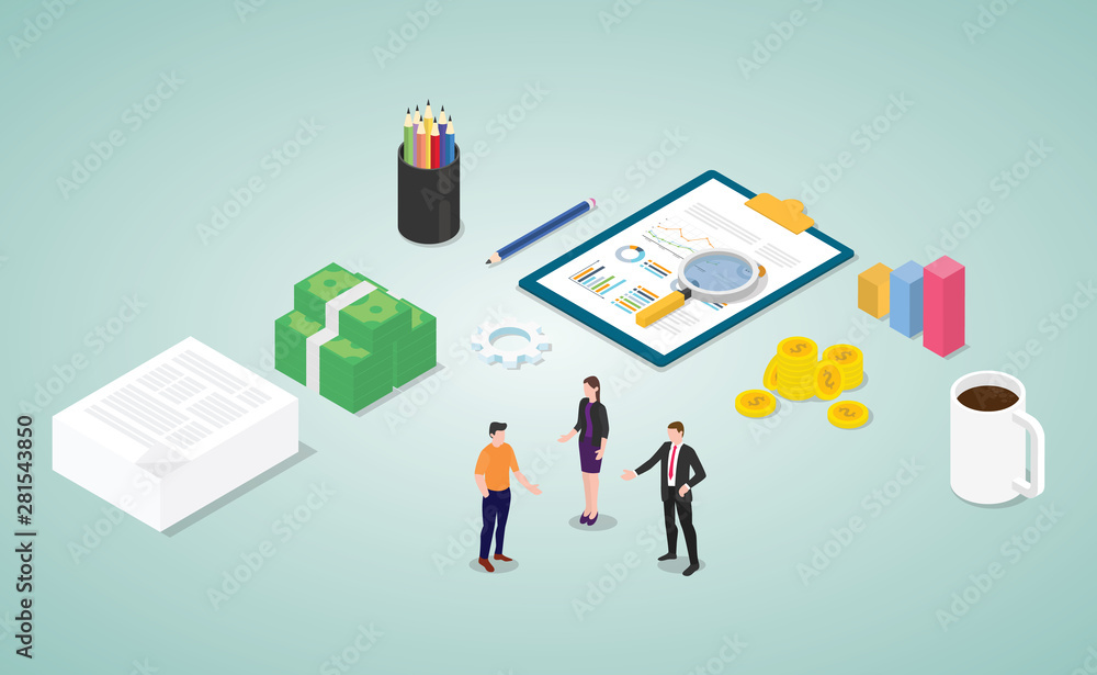 financial consultation report analysis with team people and document with modern flat isometric style - vector financial consultation report analysis with team people and document with modern flat isometric style - vector