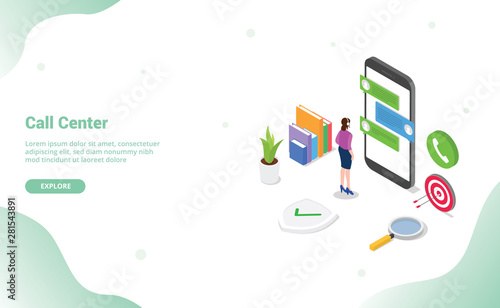 call center concept chat with man standing customer support on the smartphone apps with modern isometric flat style - vector
