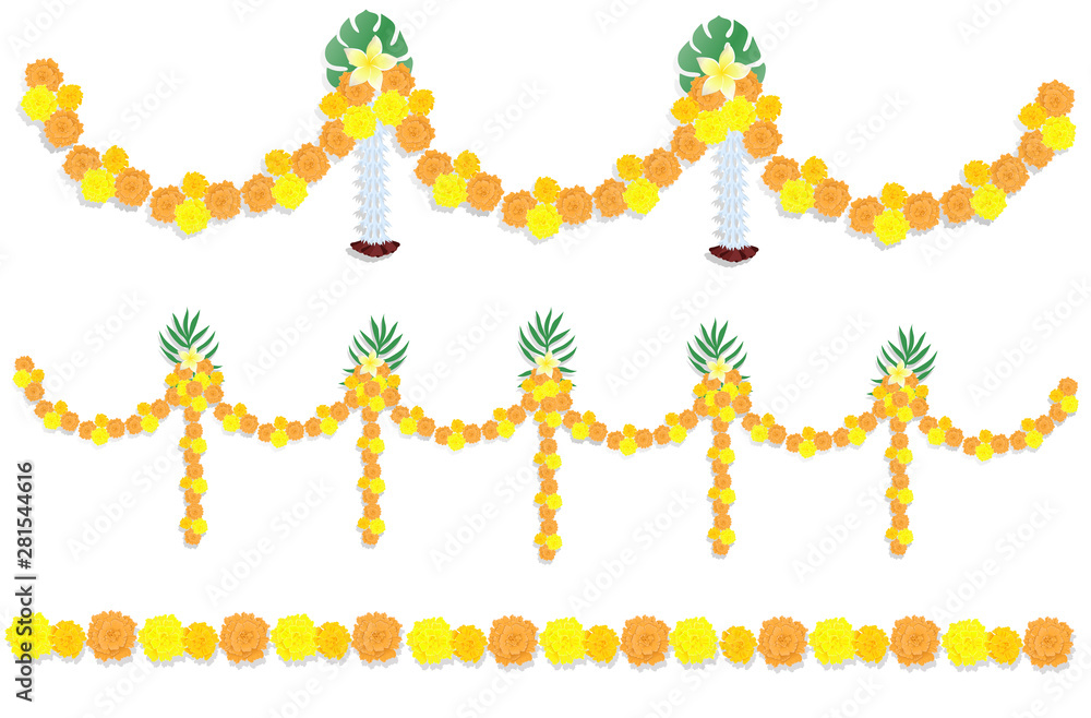Set of three garlands of marigold flowers isolated on a white background. Vector graphics.