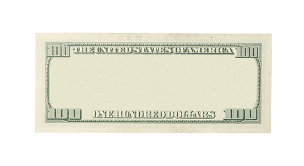 Back of blank 100 dollar banknote isolated on white background