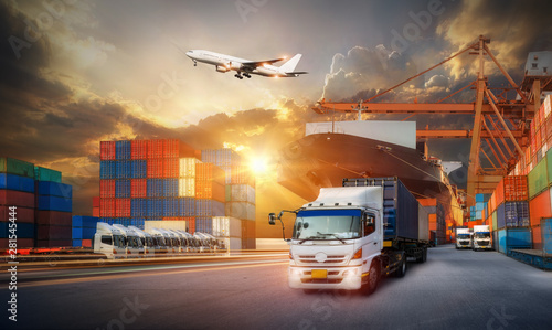 Logistics import export background and transport industry of Container Cargo freight ship and Cargo plane background, Truck transport container on the road to the port