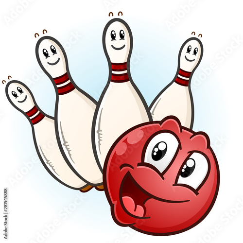 A happy red bowling ball with a partial set of pins ready to pick up a spare