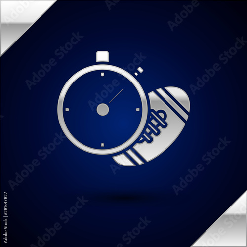 Silver American Football ball and stopwatch icon isolated on dark blue background. Set of sport equipment. Vector Illustration