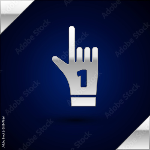 Silver Number 1 one fan hand glove with finger raised icon isolated on dark blue background. Symbol of team support in competitions. Vector Illustration