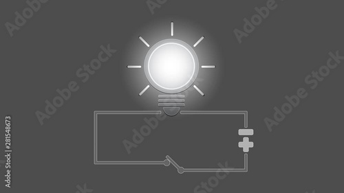 Ultra High Definition resolution animation of direct current circuit diagram with light bulb, switch on off, seamless, thirty frame per second photo