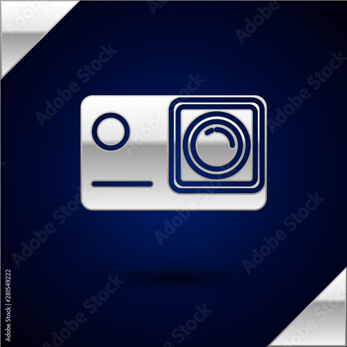 Silver Action extreme camera icon isolated on dark blue background. Video camera equipment for filming extreme sports. Vector Illustration