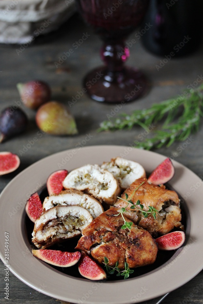 chicken rolls with figs. dish recipe of chicken and figs. Keto diet dish chicken rolls with figs. dish recipe of chicken and figs. Keto diet dish