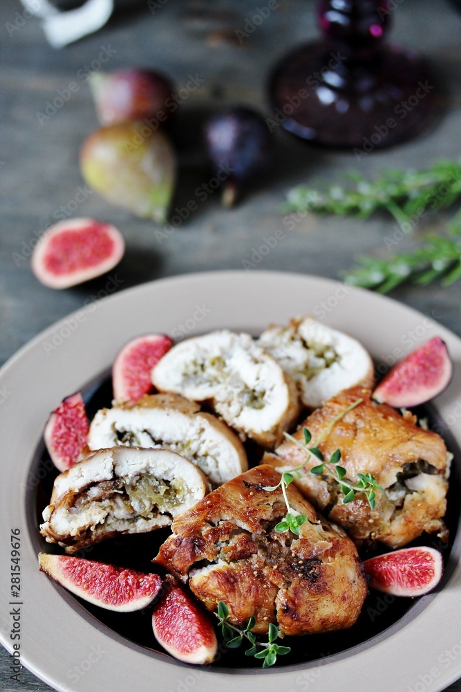 chicken rolls with figs. dish recipe of chicken and figs. Keto diet dish chicken rolls with figs. dish recipe of chicken and figs. Keto diet dish