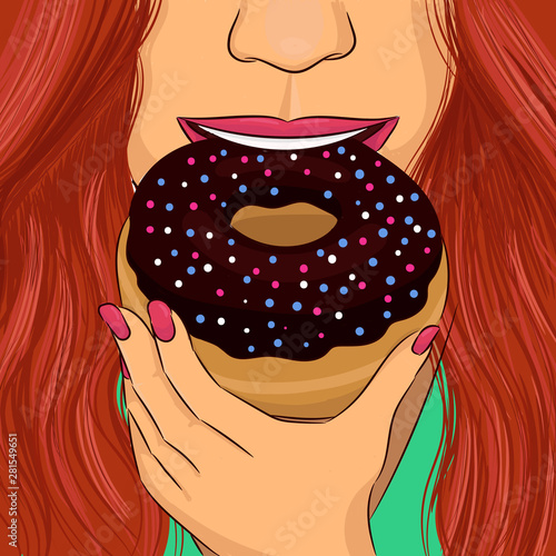 woman eat donut with chocolate glaze hand drawing portrait photo