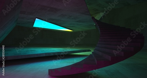 Abstract architectural concrete interior of a minimalist house with color gradient neon lighting. 3D illustration and rendering.