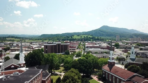 Aerial high above church circle in Kingsport Tennessee photo