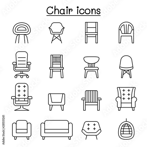 Chair and Sofa of front view icon set in thin line style