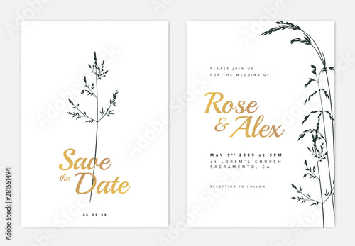 Botanical wedding invitation card template design  dark green silhouette grass flowers on white