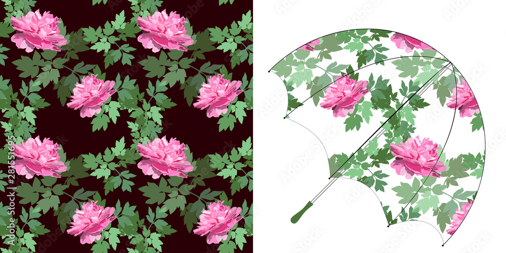 Obraz premium Vector seamless flower pattern with pink peony on white and dark background example for umbrella design