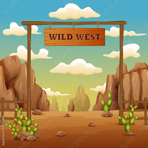 A desert gate landscape cartoon in the wild west