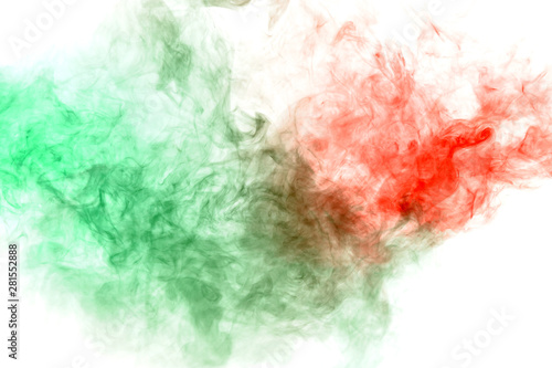 Column clouds of smoke and patterns texture of different forms of red and green colors with tongues of flame on a white isolated background. Print for t-shirt. Toxic ink.