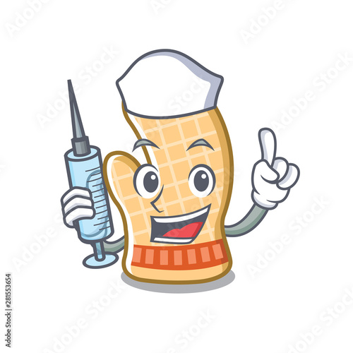 Nurse oven glove placed mascot cooking table