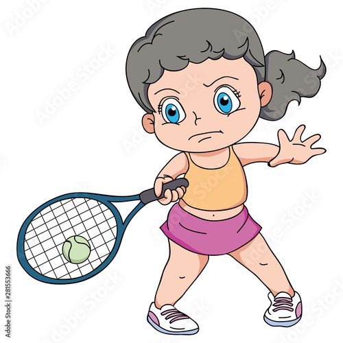 cartoon happy young girl playing tennis