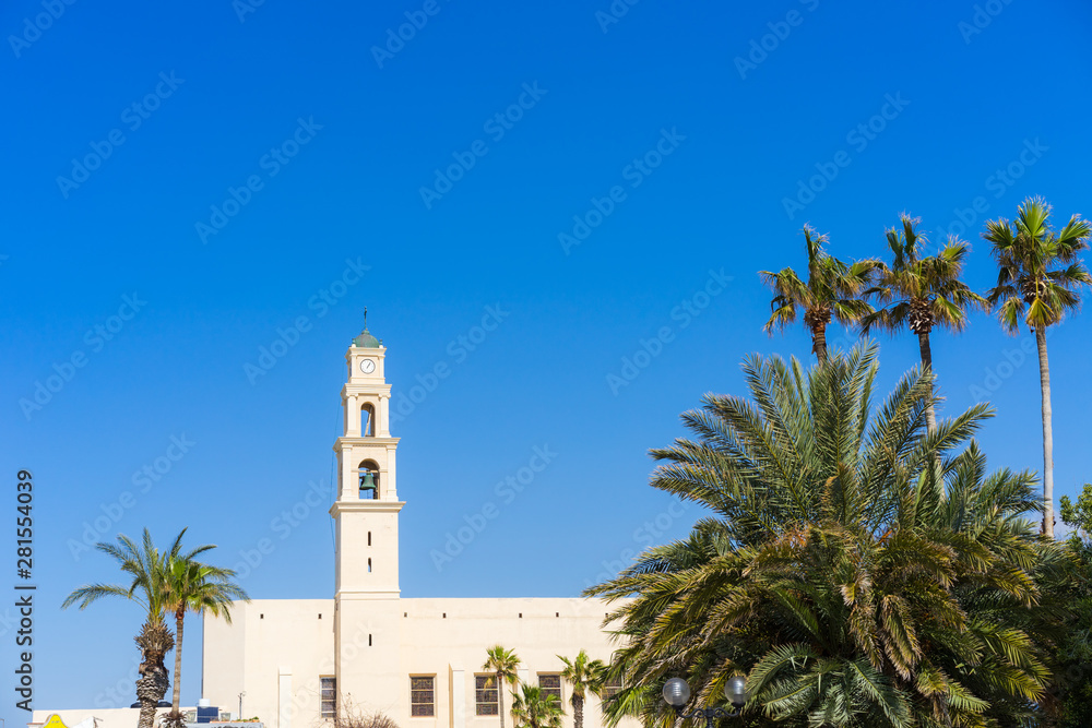 An old tower in Jaffa with palm trees in the background
