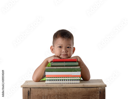 portrait of smiling little student asian boy with many books education and school concept isolated on white background