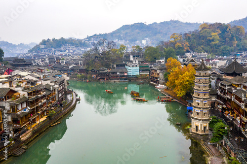 Peaceful morning in FengHuang ancient town beside TuoJiang river