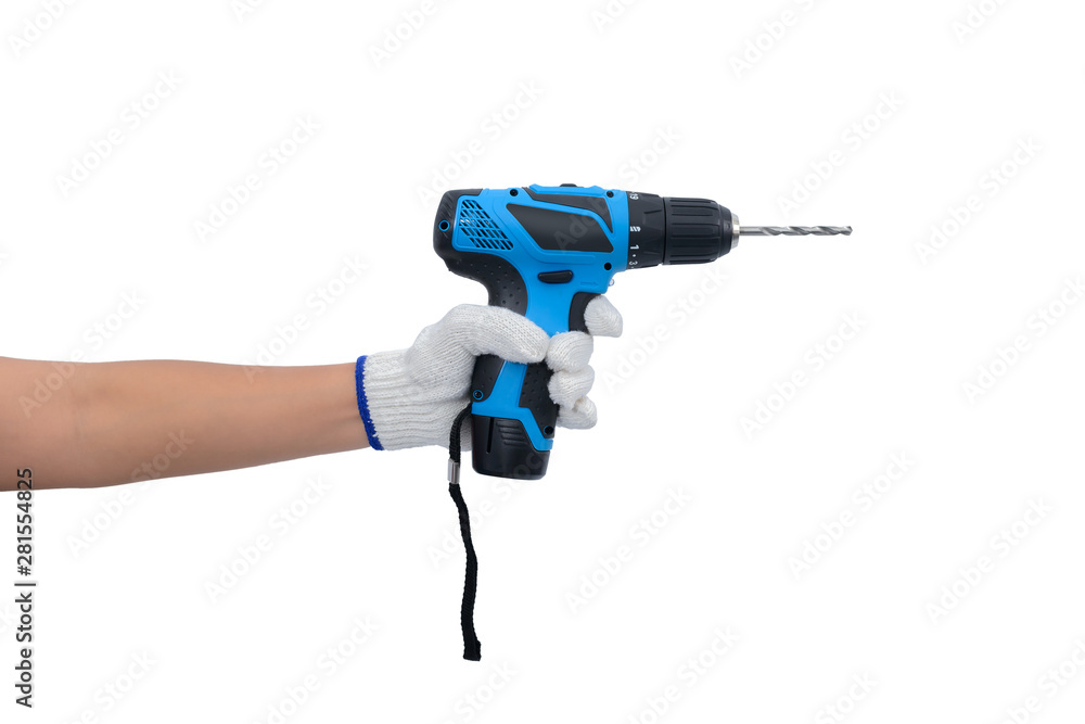 asian woman worker with protective gloves hand holding power drill isolated on white asian woman worker with protective gloves hand holding power drill isolated on white