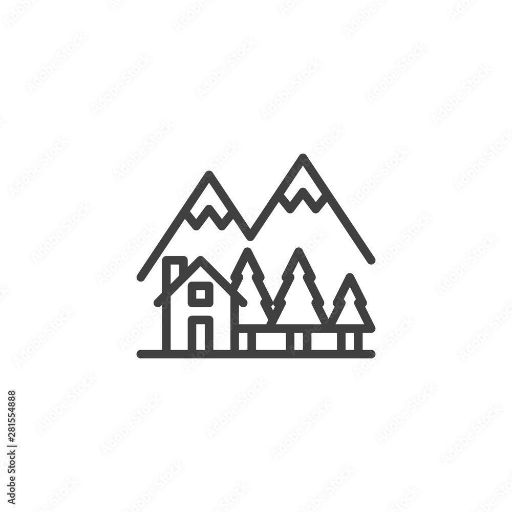 Country house in the forest line icon. linear style sign for mobile concept and web design. Cottage home with trees and mountains outline vector icon. Symbol, logo illustration. Vector graphics