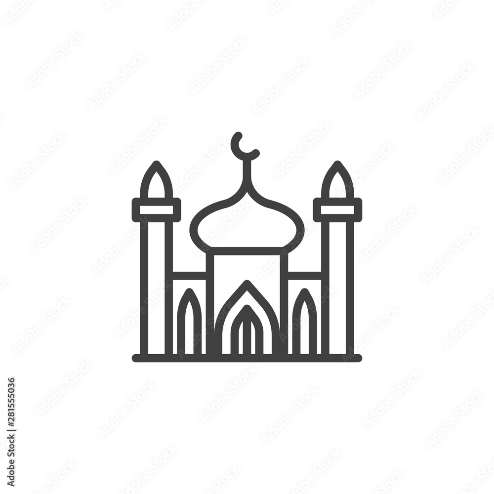 Mosque with minaret line icon. linear style sign for mobile concept and web design. Islamic Mosque building with crescent outline vector icon. Symbol, logo illustration. Vector graphics Mosque with minaret line icon. linear style sign for mobile concept and web design. Islamic Mosque building with crescent outline vector icon. Symbol, logo illustration. Vector graphics