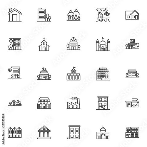 Buildings line icons set. linear style symbols collection, outline signs pack. vector graphics. Set includes icons as home, house, fire station building, police department, post office, mosque, church
