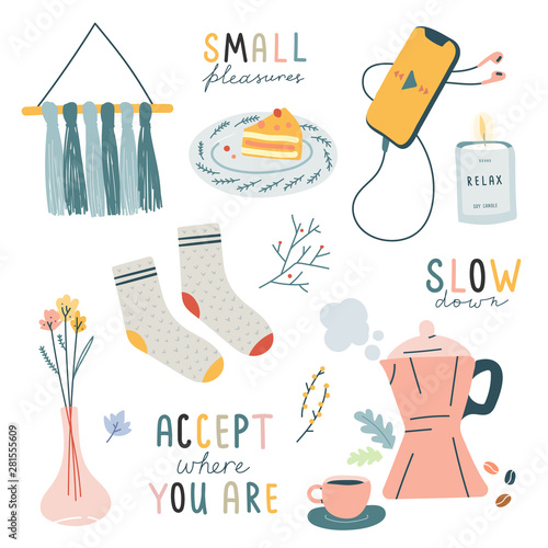 Сute vector illustrations of  hygge lifestyle. Coziness and comfort mood. Home elements isolated on white background. Scandinavian style. Pastel color.